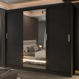 M N Furniture Manol 3 Door Black Mirrored Sliding Wardrobe 250cm - thumbnail 1