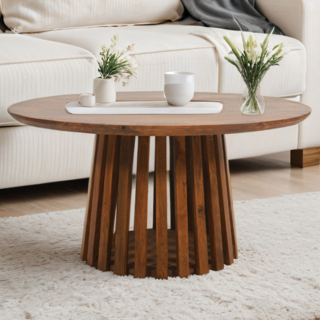 Brooklyn Slatted Mango Wood Round Coffee Table - image 1