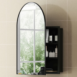 Portland 3 Hidden Shelf Black Arched Bathroom Mirror Cabinet