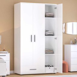 FWStyle Matt White 3 Door Single Drawer Triple Wardrobe - thumbnail 1