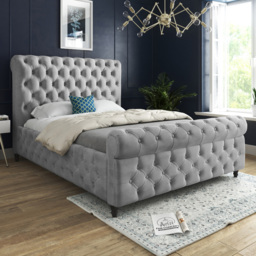Savana King Size Grey Soft Velvet Upholstered Sleigh Bed Frame with Scrolled Headboard