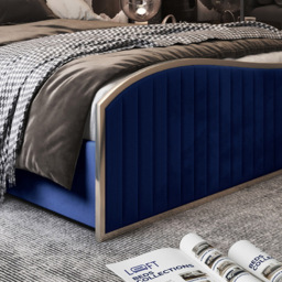 Brixton Blue Double Velvet Upholstered Metal Bed Frame with Wave Headboard - thumbnail 4