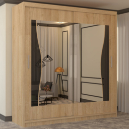M N Furniture Banton 2 Door Oak Curved Mirrored Sliding Wardrobe 203cm