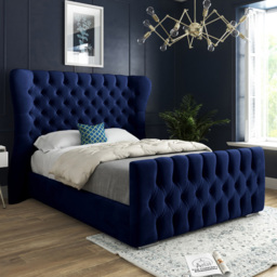 Parma Double Blue Soft Velvet Upholstered Bed Frame with Curved Winged Headboard