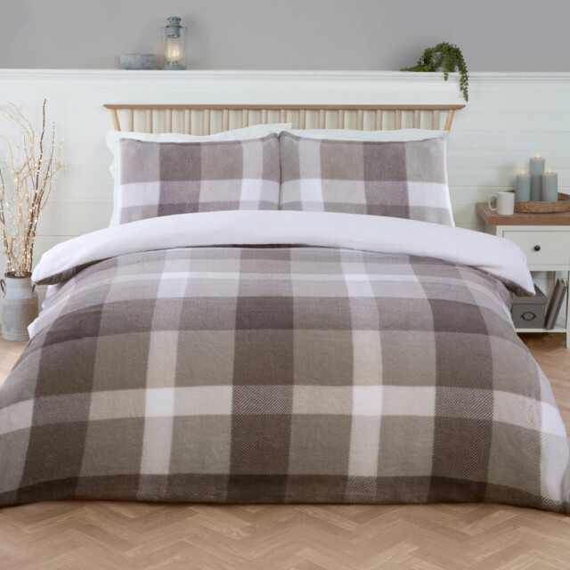 Grey Double Teddy Fleece Check Duvet Set - image 1