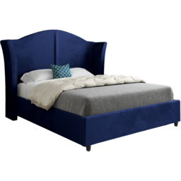 Zampa Small Double Blue Soft Velvet Upholstered Bed Frame with Curved Winged Headboard - thumbnail 2