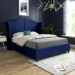 Zampa Small Double Blue Soft Velvet Upholstered Bed Frame with Curved Winged Headboard
