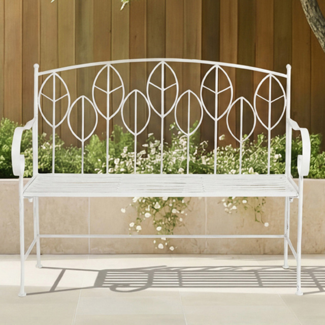 Charles Bentley Antique White 2 Seater Rustic Metal Leaf Pattern Garden Bench - image 1