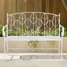Charles Bentley Antique White 2 Seater Rustic Metal Leaf Pattern Garden Bench - thumbnail 1