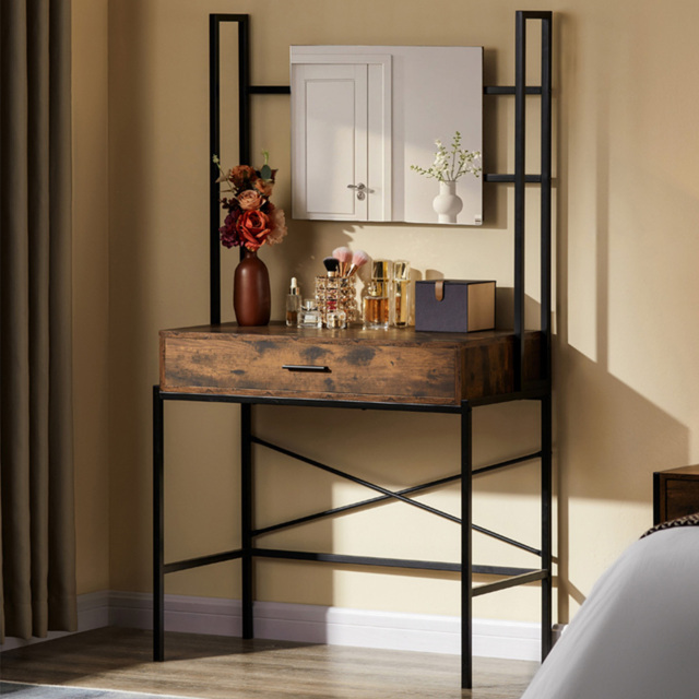 Vida Designs Brooklyn Single Drawer Dark Wood Industrial Vanity Dressing Table with Mirror - image 1