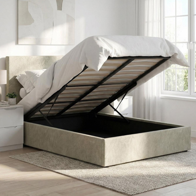 FWStyle Rufford Beige Sand Small Double Front Lift Ottoman Bed Frame with Padded Headboard