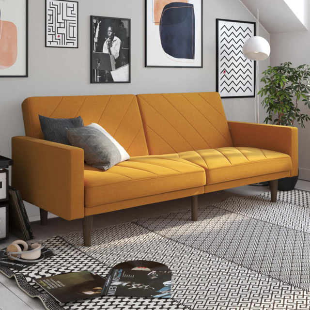 Dorel Paxson Mustard Linen 3 Seater Sofa Bed with Wooden Feet - image 1