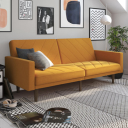 Dorel Paxson Mustard Linen 3 Seater Sofa Bed with Wooden Feet