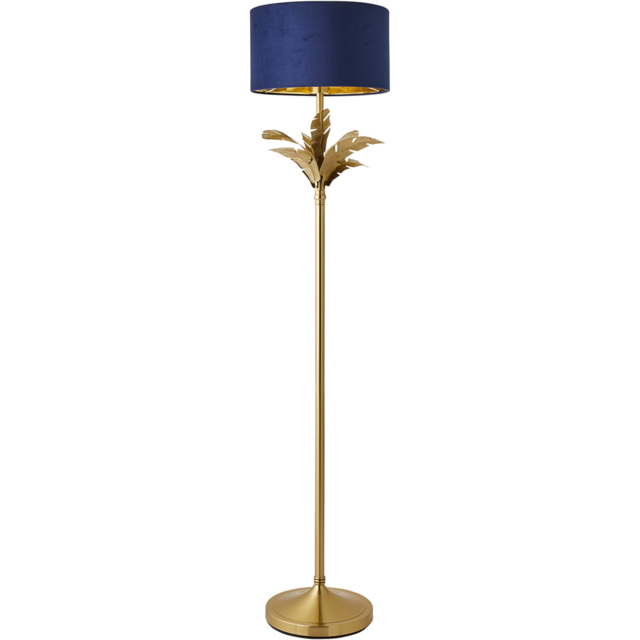 ValueLights Christina Gold Inner Navy Velvet Drum Shade Gold Palm Leaf LED Floor Lamp - image 1
