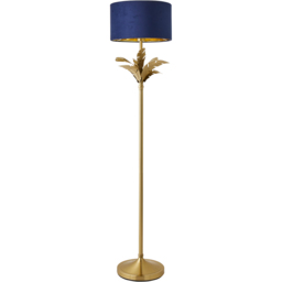 ValueLights Christina Gold Inner Navy Velvet Drum Shade Gold Palm Leaf LED Floor Lamp