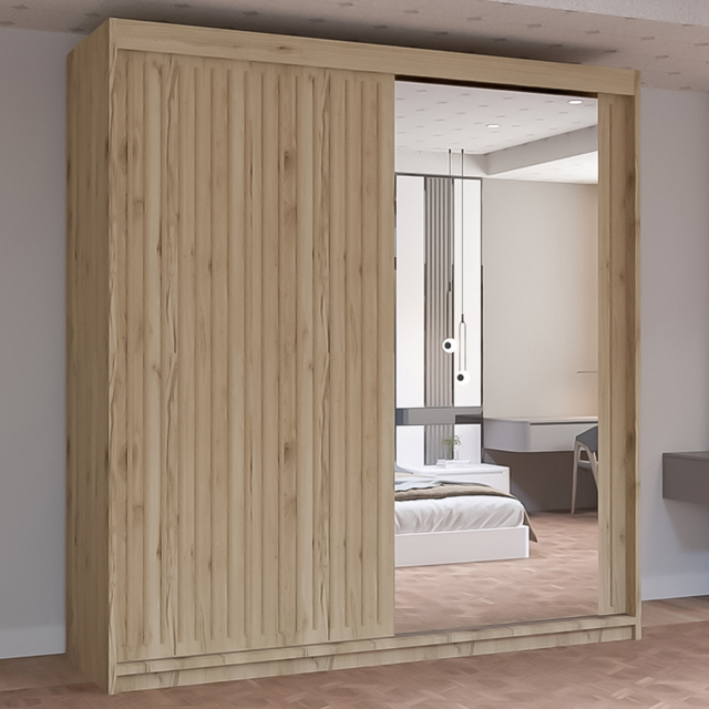 M N Furniture Roman 2 Door Oak Mirrored Sliding Wardrobe 203cm - image 1
