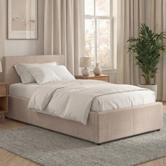 VIDA DESIGNS Veronica Beige Single Linen Ottoman Bed with Padded Headboard - image 1