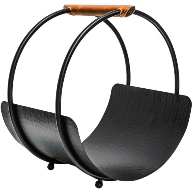 Ivyline Black Leather Handle Round Log Holder 43 x 30.5cm - image 1