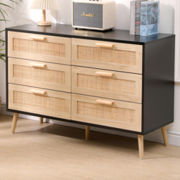 FurnitureHMD Black and Natural 6 Drawer Woven Front Chest of Drawers