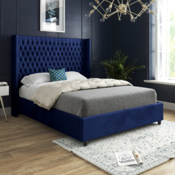 Volta Single Blue Soft Velvet Upholstered Bed Frame with Straight Winged Headboard