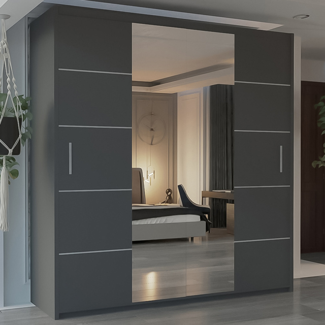 M N Furniture Osaka 2 Door Grey Mirrored Panel Sliding Wardrobe 203cm - image 1