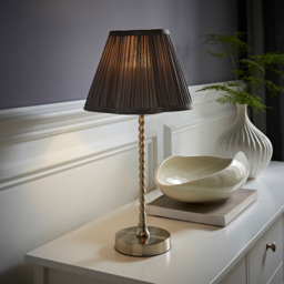 ValueLights Maeve Dark Grey Pleat Faux Silk Scallop Shade Chrome Bobbin Table Lamp - thumbnail 2