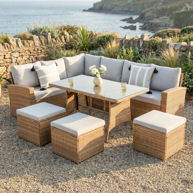 HGD Pelias 8 Seater Brown and Grey Rattan Garden Corner Dining Sofa Set - image 1