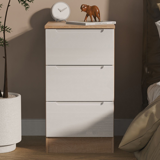 Crowndale Milan White Gloss and Bardolino Oak 3 Drawer Bedside Cabinet Ready Assembled - image 1