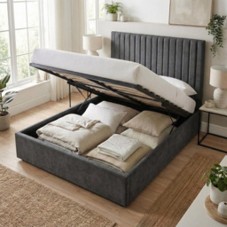FWStyle Sollom Nickel King Size Upholstered Lift-Up Ottoman Bed Frame with Ribbed Headboard - thumbnail 2