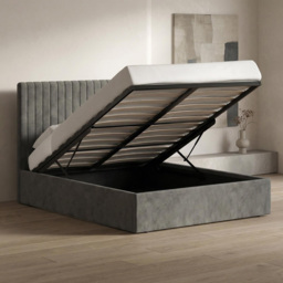 FWStyle Sollom Nickel King Size Upholstered Lift-Up Ottoman Bed Frame with Ribbed Headboard