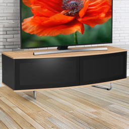 Centurion Supports Caru 2 Door Gloss Black and Oak Beam-Thru Remote Friendly D Shape TV Unit