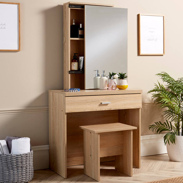 Home Source Oak Berlin Single Drawer Sliding Vanity Mirror Dressing Table with Stool - image 1