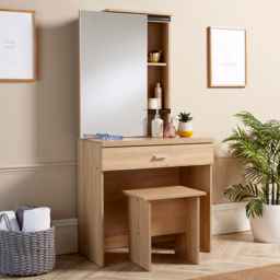 Home Source Oak Berlin Single Drawer Sliding Vanity Mirror Dressing Table with Stool - thumbnail 3