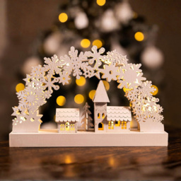 Marco Paul 8 LED Arched Wooden White Snowflake Village Scene Light Up Christmas Candle Bridge - thumbnail 1