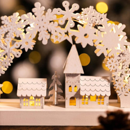 Marco Paul 8 LED Arched Wooden White Snowflake Village Scene Light Up Christmas Candle Bridge - thumbnail 3