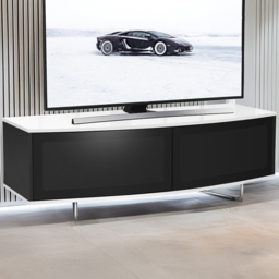 Centurion Supports Caru 2 Door Gloss Black and Gloss White Beam-Thru Remote Friendly D Shape TV Unit