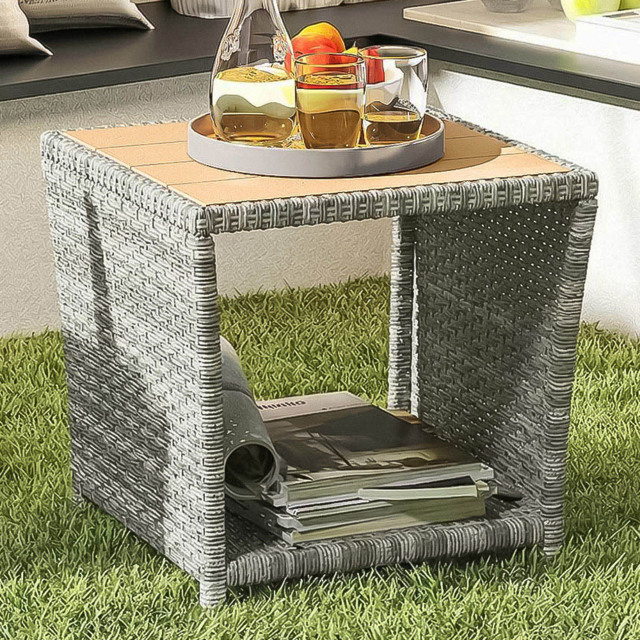 Outsunny Light Grey Single Shelf Rattan Side Table - image 1