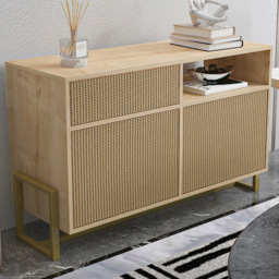 Decorotika Utopie Oak and Rattan 3 Cabinet Sideboard