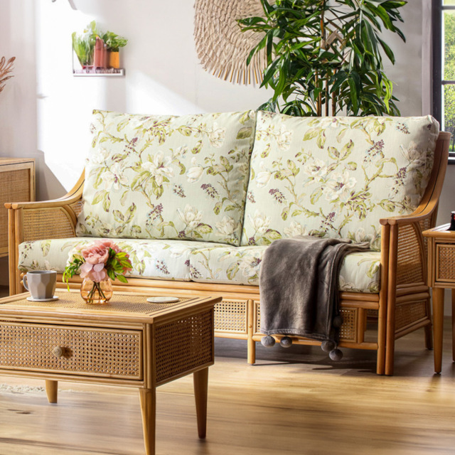 Desser Chester 3 Seater Natural Rattan Floral Fabric Sofa - image 1