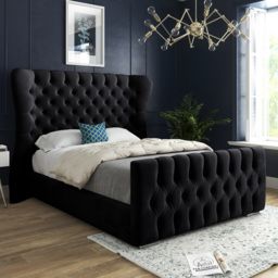 Parma Single Black Soft Velvet Upholstered Bed Frame with Curved Winged Headboard