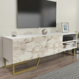 Decorotika Denasse White Marble Effect and Gold 2 Door 2 Shelf TV Unit