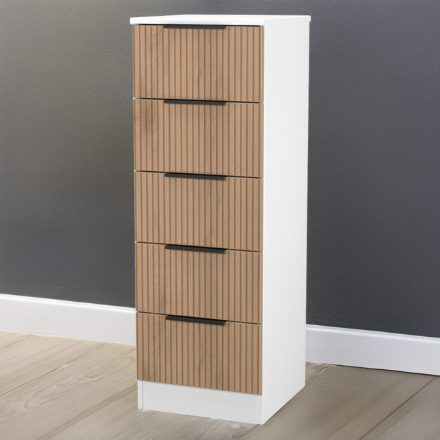 Crowndale Java Slatt Effect and White 5 Drawer Tall Chest of Drawers - image 1