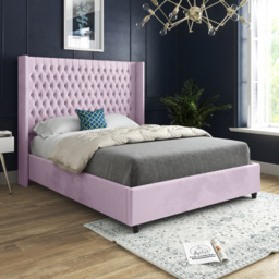 Volta Double Pink Soft Velvet Upholstered Bed Frame with Straight Winged Headboard