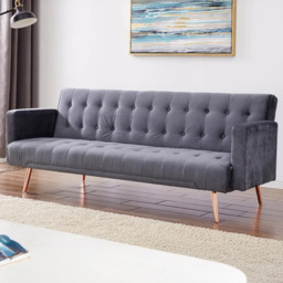 Comfy Living 3 Seater Plush Velvet Grey Sofa Bed with Gold Metal Legs - thumbnail 1