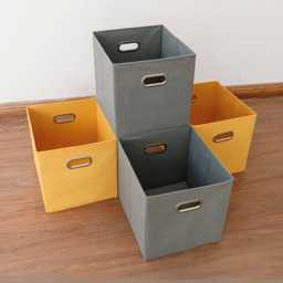 Home Source Large Grey and Yellow Fabric Cube Storage Box 4 Pack - thumbnail 3