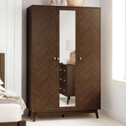 Herringford Walnut 3 Door Chevron Mirrored Wardrobe - thumbnail 1