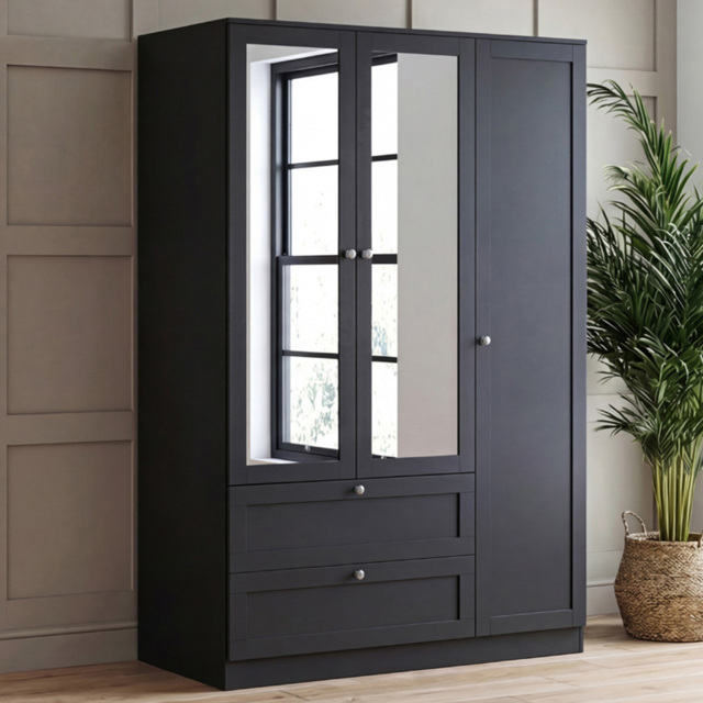 Vida Designs Altino Black 3 Door 2 Drawer Shaker-Style Mirrored Wardrobe - image 1