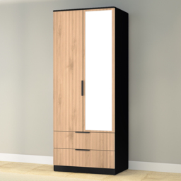 Crowndale Java Slatt Effect and Black 2 Door 2 Drawer Double Mirror Wardrobe - thumbnail 1