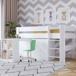 Kudl White Mid Sleeper with Desk and Drawers - thumbnail 1