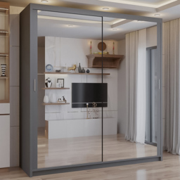 Sliding Wardrobes 4U Chicago Grey 2 Door Mirror Wardrobe with Adjustable Shelves and Hanging Rails - thumbnail 1